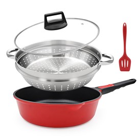 Bobikuke 11 Inch Nonstick Frying Pan Skillet with Steamer, 4.5 Qt Deep Sauté Pan with Lid, Toxin-Free Steamer Cookware, Detachable Handle, Compatible with All Stoves, Oven Safe, PFOA PFOS Free