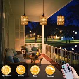 ALL FORTUNE Battery Operated Chandelier, Battery Hanging Pendant Light, Rattan Lights with Warm White Bulb, 4*AA Battery Powered, for Gazebo Pergola Porch Patio Outdoor Indoor Decor (3)