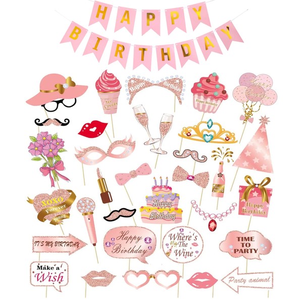 34Pcs Birthday Photo Booth Props, Happy Birthday Party Favors with