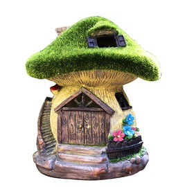 TIBLEN Solar Gnome Grass-Roof Mushroom Garden House, Outdoor Gnome House Figurine with Solar Lights, Little Garden Cottage Figurines
