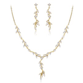 EVER FAITH Wedding CZ Jewelry Set for Bride Bridesmaid, Marquise Teardrop Cubic Zirconia Vine Leaf Necklace Dangle Earrings Sets 14K Gold-Tone