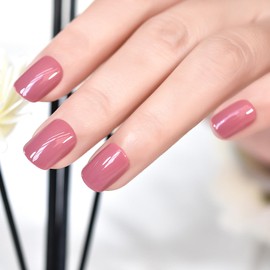 iMABC Press on Nails - Jubebe Pink Soft Acrylic Material Fake Nail | Short Square Glossy Solid False Nails | Glue Acrylic Decoration Manicure Gift for Girls Women Dating 24Pcs