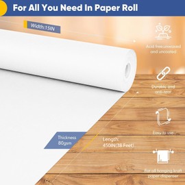 Vanhench White Wrapping Paper 15''×450'', Bulletin Board Paper Roll, White Kraft Paper Easel Painting Art Paint Drawing Paper for Kids, Poster Paper, Christmas Gift Wraps Arts & Crafts, Craft Supplies