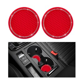 Dickno 2 PCS Bling Car Cup Coaster, 2.75 Inch Crystal Rhinestone Auto Cup Holder Insert Coaster, Anti-Slip Durable Car Drink Cup Mat, Universal Vehicle Interior Decor Accessories (Red & White)