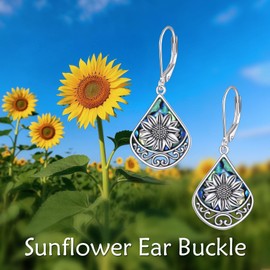 POPLYKE Sunflower Earrings 925 Sterling Silver Abalone Shell Filigree Dangle Leverback Earrings Sunflower Jewelry for Women Sensitive Ears