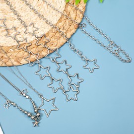 Women's Star Waist Chain Belt and Necklace Set, Silver Y2k Belly Chain Belt Adjustable Plus Size Body Chains with Trendy Stack Necklace Jewelry for Women Dresses Skirts Jeans
