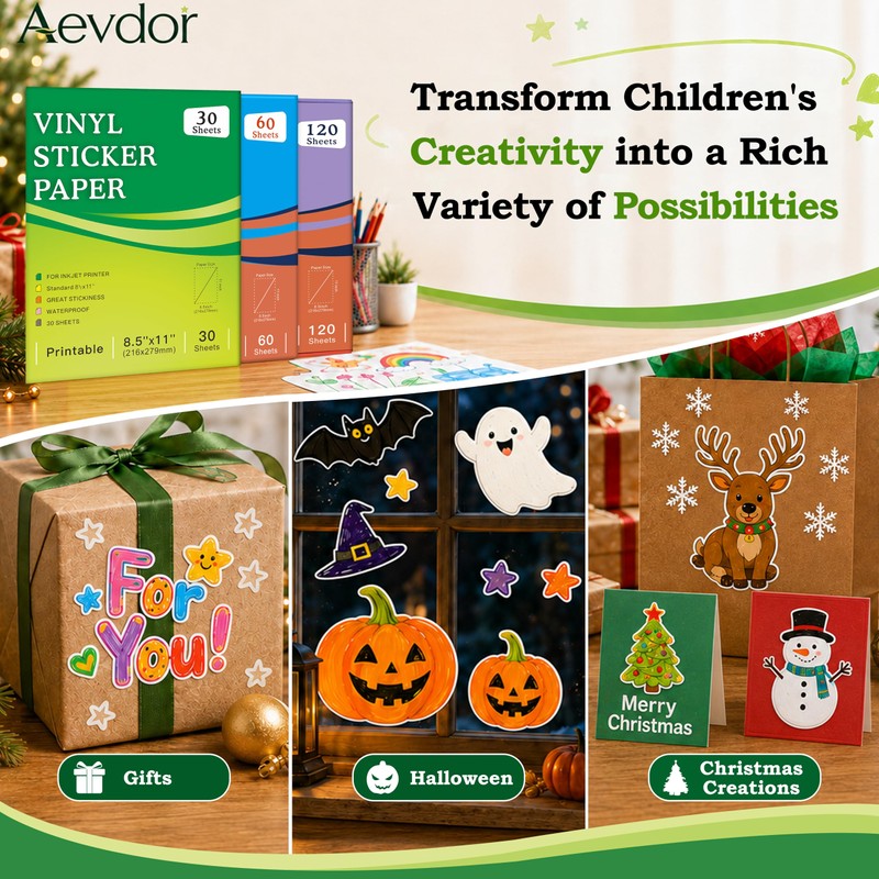 Aevdor 30-Sheet Glossy White Printable Vinyl Sticker Paper, 8.5x11, Inkjet
