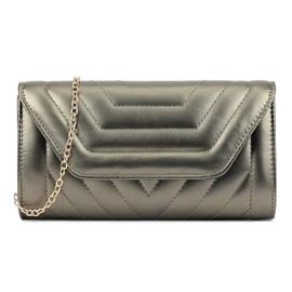 LeahWard Quilted Metallic Envelope Clutch Handbag with Chain Strap, Evening Clutch Bags, Wedding Clutch Bags (L Pewter)