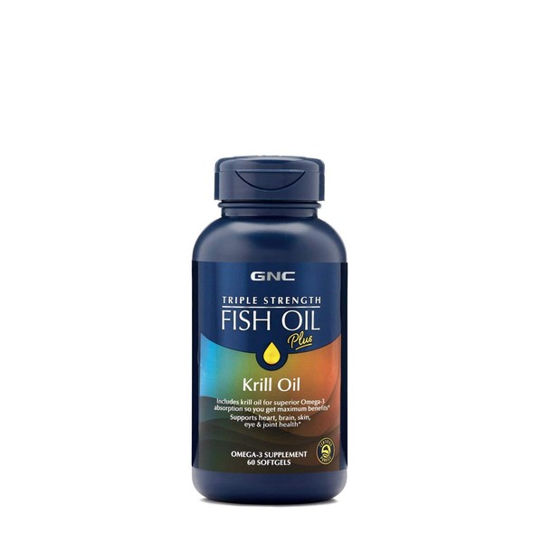 GNC Triple Strength Fish Oil Plus Krill Oil | Includes Krill Oil for Superior Omega-3 Absorption, Supports Heart, Brain, Skin, Eye, and Joint Health | 60 Softgels