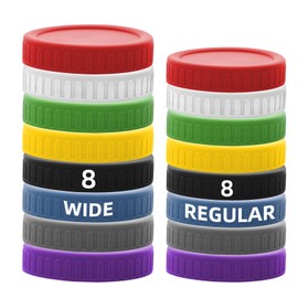 16 Pack 8 color Plastic Mason Jar Lids with Silicone Rings, 8 Wide Mouth & 8 Regular Mouth Canning Lids for Ball & Kerr and More, 86mm &70mm Plastic Mason Jar Lids