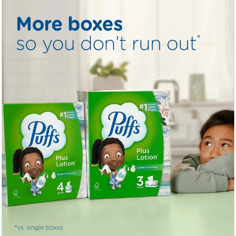 Puffs Plus Lotion Facial Tissues, 8 Family Boxes, 124 Facial
