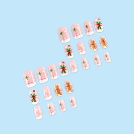 Short Square Press on Nails Pink Christmas Fake Nails White French Glue on Nail 3D Embossed False Nails with Gingerbread Man Holly Designs Cute Glossy Stick on Nail for Women Girls 24Pcs