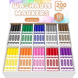 KMUYSL 200 Count Washable Markers Bulk, 10 Assorted Colors - Broad Line Conical Tip Coloring Markers for Kids, School Art Supplies & Back to School Supplies, Classroom Must Haves