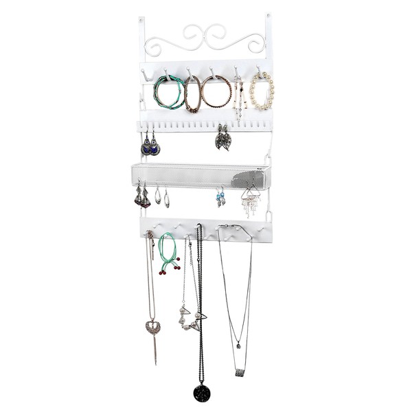 MyGift 4-Tier Wall Mounted White Metal 18 Hook Hanging Jewelry Organizer/Earrings, Rings, Necklaces, Bracelets Display Rack