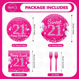 96Pcs 21st Birthday Party Supplies 350 GSM Hot Pink Sweet 21 Plates and Napkins Tableware Sets Happy 21st Birthday Decorations for Girls Women Finally Legal 21 Years Old Party Favors, Serves 24