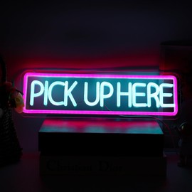 Pick Up Here Neon Sign – 15.7×4.7in Retail/Boutique LED Display for Curbside Pickup, Ice Blue & Pink Business Signage