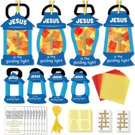 Qyeahkj 72 Set Jesus is the Guiding Light Art Crafts for Kids Christian Tissue Paper Crafts Bulk DIY Religious Oil Lamp Bible Verse Crosses Kit Hanging Decor for Sunday School VBS Home Church Activity