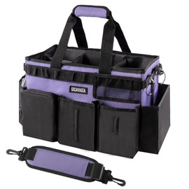 SCAVATA Wearable Cleaning Caddy Bag, Cleaning Caddy Supplies Organizer with Handle & Shoulder Straps for Housekeepers, Under Sink & Car Cleaning Tool Organizers with 4 Foldable Divider (Purple)