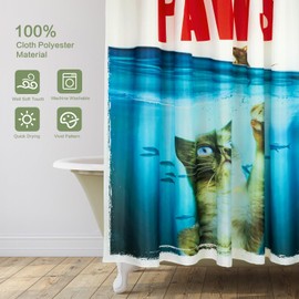 Lokigo Grey Funny Cat Shower Curtain, Cute Cat Paw Chasing Mouse in Teal Blue Ocean Nautical Shower Curtains for Bathroom Decor, Waterproof Polyester ShowerCurtains with 12 Hooks, 72" x 72"