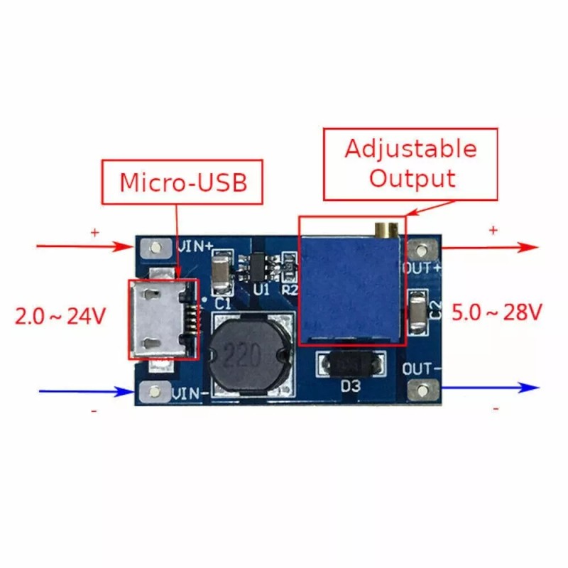 Miniduino 5pcs DC-DC Micro-USB Step Up Boost Module 2-24V IN