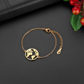 Flongo Women's Bracelet Bangle Friendship Bracelets BFF Chains for 2, Stainless Steel Bracelet Chain Silver Gold with World Map World Globe Pendant, Stainless Steel