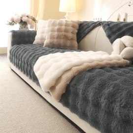 Aucrovee Soft Plush Faux Fur Couch Cover, Thick Warm Fuzzy Sectional Sofa Covers for 3 Cushion Couch Sofa Non Slip Slipcover, Furniture Protector Covers for Pets(1 PCS 36"x82" Dark Grey)