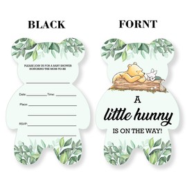 RNYJJ Pooh Bear Baby Shower Invitations With Envelopes (20 Count), Greenery Pooh Bear Baby Shower Gender Neutral Party Fill in Invites Cards, Double Sided Design
