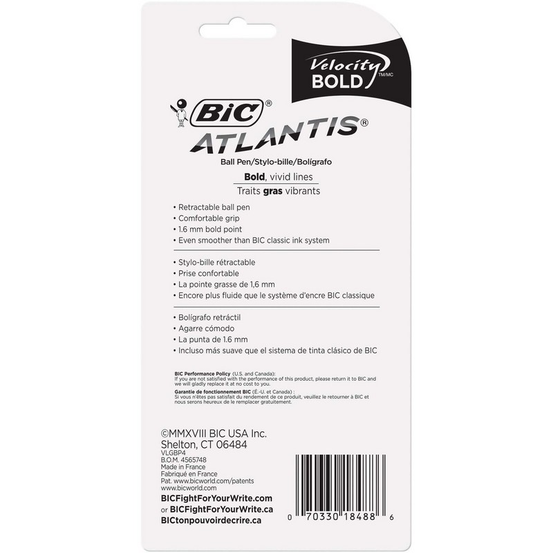 BIC Velocity Bold Retractable Ball Pen - Blue Ink, 4-Count