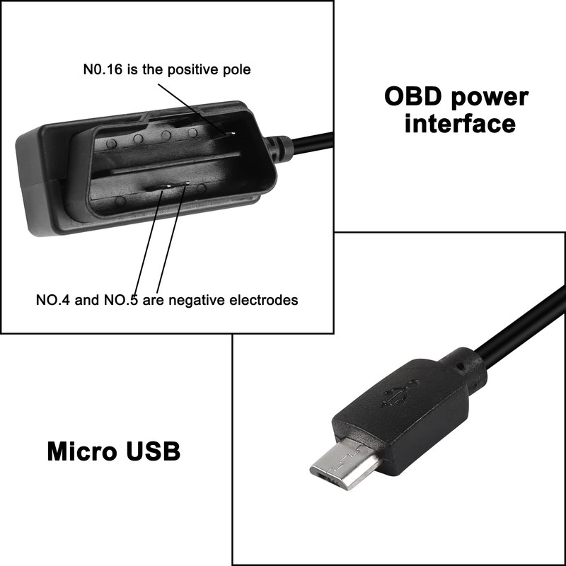 XMSJSIY OBD/OBD2 to Micro USB Power Cable for Dash Camera