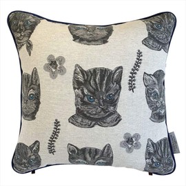 Out Style Throw Pillow Case Floral Imported Fabric (Nathalie Lete Cat Jacquard Grey Blue, 45x45)