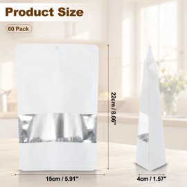 PATIKIL 5.91x8.66 in Stand Up Pouch Bags, 60 Pack Resealable Matte Metallic Aluminum Foil Bags Pouches with Clear Window and Zip for Food Storage Snack Packaging, White