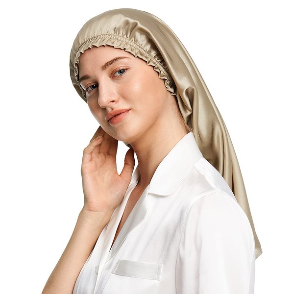LilySilk Women's Silk Hat, Sleep Cap with Elastic Band for Women, Soft Night Hat, Adjustable Sleep Cap, Headwear for Long Hair, taupe
