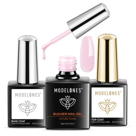 Modelones Builder Nail Gel with Gel Base Top Coat, 3Pcs Baby Pink Builder Nail Kit for Apex Building Extension Thickening Strengthener Hard Gel Nail Strengthener Extension Builder Gel in a Bottle