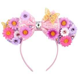 Kiddale Flowers Mouse Ears Headband,Sequin Bows Pink Flowers Butterfly Hair Hoop Headwear Accessories for Spring Easter Princess Cosplay Costume Party Holiday Decorations
