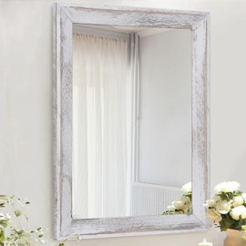 AAZZKANG Mirrors for Wall Rustic Wood Framed Mirror Decorative Farmhouse Bedroom Bathroom Hanging Mirror Wall Decor Rectangle White