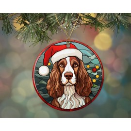 English Springer Spaniel Christmas Stained Glass Ceramic Ornament, Christmas Tree Hanging Ornament, Dog Stained Glass Ornament, Ornament Religious Gift for Christians Printed on Both Sides