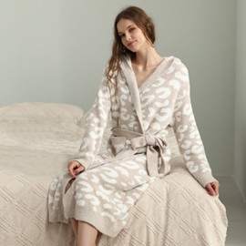 MH MYLUNE HOME Ultra Soft Robe With Pockets, Spa Bathrobe Loungewear Calf-Length, Plush Fuzzy Fluffy Wrap Robe for Women, Women's Robes, Hooded Leopard Khaki