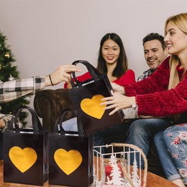 YINGZI 12 Black Gift Bags Printed With Shiny Gold Heart Logo, Reusable Non-Woven Bag Gift Bags With Glossy Shopping Bags, Eco-Friendly Shopping Bags, Christmas, Party Birthday Bags 8x4x10 Inch