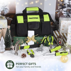 FASTPRO 220-Piece Home Tool Set, Household Repairing Tool Kit, with 12-Inch Wide Mouth Open Storage Tool Bag, Green