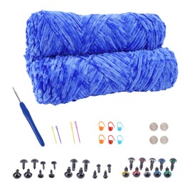 NAHUAA 3 x 100g Chenille Chunky Yarn Blue Soft Velvet Crochet Fluffy Yarn for Knitting and Crocheting with Needles/Eyes/Noses for Beginners Clothes, Scarves DIY Knitted Works