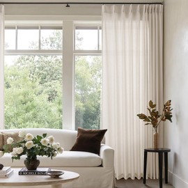 Beige Extra Wide Pinch Pleat Linen Curtains 84 Inches Long for Living Room Sliding Glass Door 72 Inch Wide Curtain Farmhouse Memory Shape Pleated Drape with Hooks Sheer 72x84 Drapes for Large Window