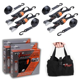TorkStrap HD750 Bundle | 14' x 1.5'' Heavy Duty Spring Loaded Tie Down Straps with Carry Bag - 2,250LB Max Load - Just Pull Alternative to Ratchet Straps - Integrated Soft Loops (4-Pack)