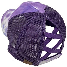 C.C Ponytail Criss Cross Messy Buns Ponycaps Baseball Cap Dad Trucker Mesh Hat (Distressed Tie Dye Mesh Purple)