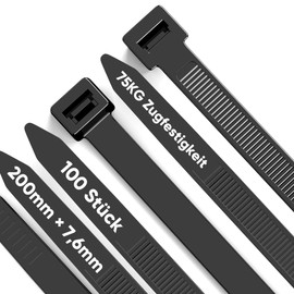 Highwings Pack of 100 Cable Ties, Black, 200 mm x 7.6 mm, 75 kg Tensile Strength, Nylon Cable Ties, Resealable Holder, Strong Self-Locking Cable Ties for Family, Workshop, Garden, Cable Management