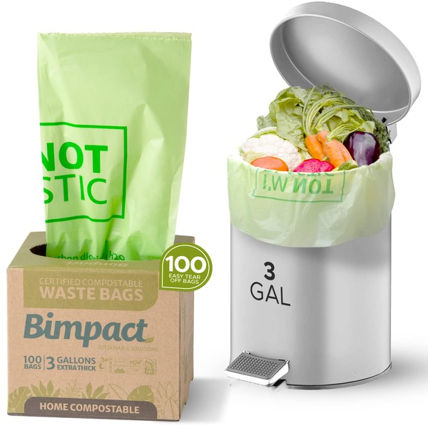 BIMPACT GLOBAL - Kitchen Trash Bag, Small Trash Bags, Compost Bags, Biodegradable & Compostable Trash Bags, Biodegradable Trash Bags For Kitchen Waste, 3 Gallons, 100 Pulls