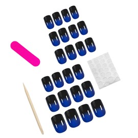 Blue Press on Nails Short Square Fake Nails Black Gradient French Tips Stick on Nails Ombre Full Cover Glossy Acrylic Nails Glue on Nails Reusable Artificial Stick on Nails for Women Girls Decor 24Pcs