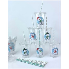 Snowmen Holiday Party Cups, Plastic Drink Cups with Lids & Straws, Christmas Supplies, Set of 12