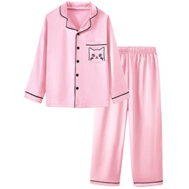 Mikrdoo Girls Silk pajamas Sets: Long Sleeve Sleepwear Button-Down 2 Pcs PJs for Unisex Boys & Girls, Pink 4-5 Years