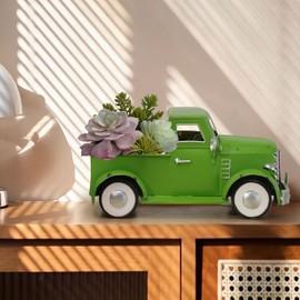PXHWWHXP Farmhouse Vintage Green Truck Decor, Rustic Farm Metal Car Home Decors, Christmas Trucks Table Centerpieces, Decorative Outdoor Garden Cars Plant Pot