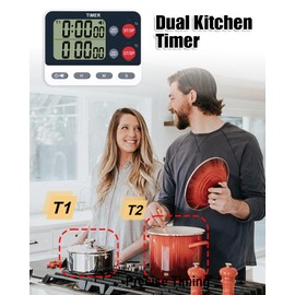 TPNEG Dual Kitchen Timer Digital - Large Display, Easy to Use and Read, Cooking Timer for Kitchen with Alarm, Magnetic Back, Loud & Silent and Count Up/Countdown Modes, Replaceable AAA Battery